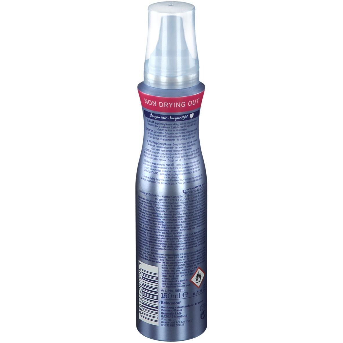 Mousse coiffante NIVEA MEGA Strong, dos. Flacon bleu, pompe blanche. Anneau rouge avec texte. Texte et symboles.