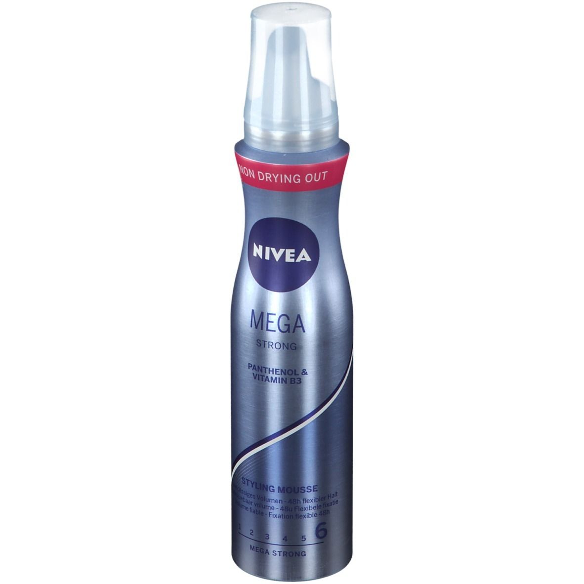 Mousse coiffante NIVEA MEGA Strong. Flacon bleu avec pompe blanche. Contient Panthénol & Vitamine B3. Force 6.