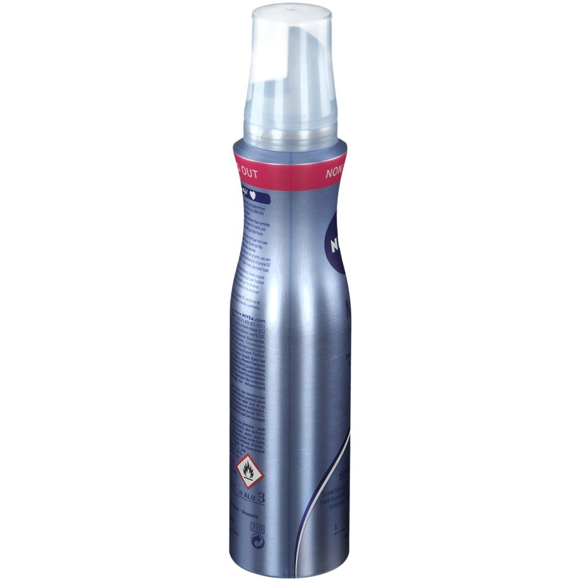 Mousse coiffante NIVEA MEGA Strong, vue latérale. Flacon bleu, pompe blanche. Anneau rouge avec texte. Symboles.
