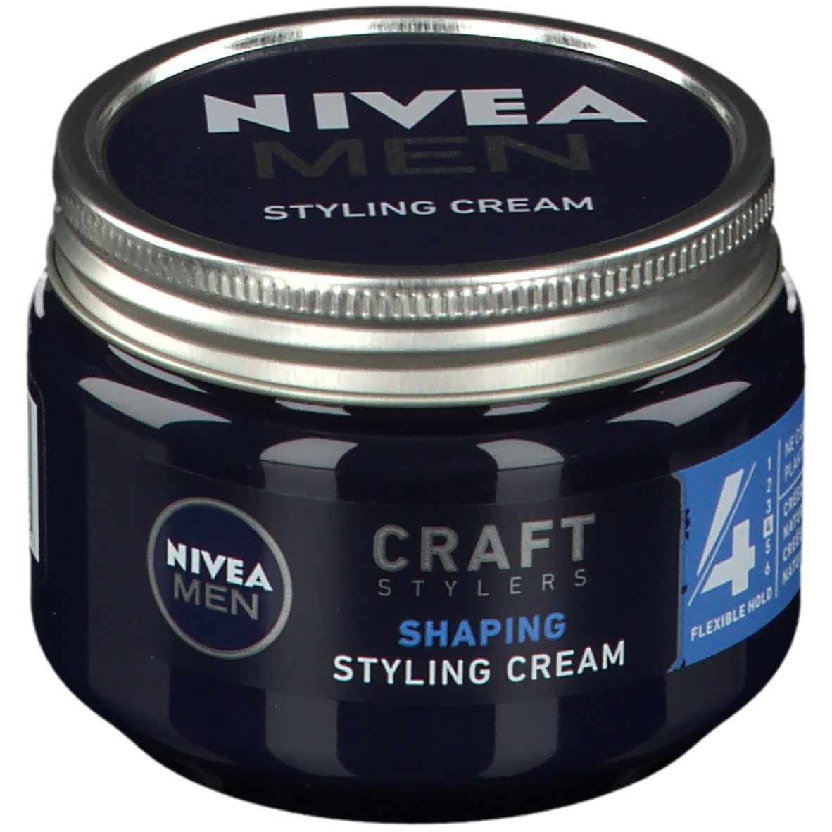 Dunkelblaue Dose mit silbernem Deckel. Aufschrift: NIVEA MEN, Styling Cream. Auf der Dose: CRAFT STYLERS, Shaping Styling Cream.
