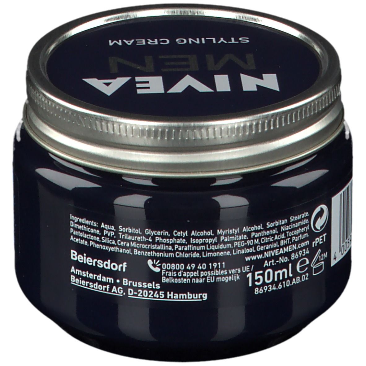 Dunkelblaue Dose mit silbernem Deckel. Aufschrift: NIVEA MEN, Styling Cream. Auf der Dose: Zutatenliste, 150ml, Adresse von Beiersdorf.