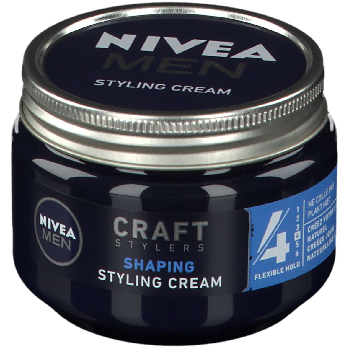 Dunkelblaue Dose mit silbernem Deckel. Aufschrift: NIVEA MEN, Styling Cream. Auf der Dose: CRAFT STYLERS, Shaping Styling Cream, 4, Flexible Hold.