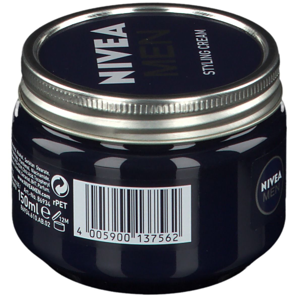 Dunkelblaue Dose mit silbernem Deckel. Aufschrift: NIVEA MEN, Styling Cream. Auf der Dose: Zutatenliste, 150ml, Barcode.