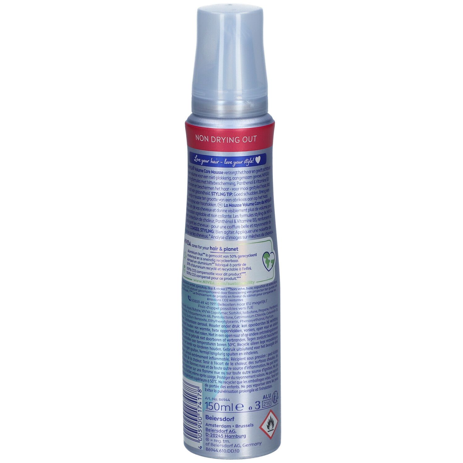 NIVEA VOLUME Care stylingmousse fles. Achterkant met tekst en logo's. Bevat informatie over ingrediënten en fabrikant. 150ml.