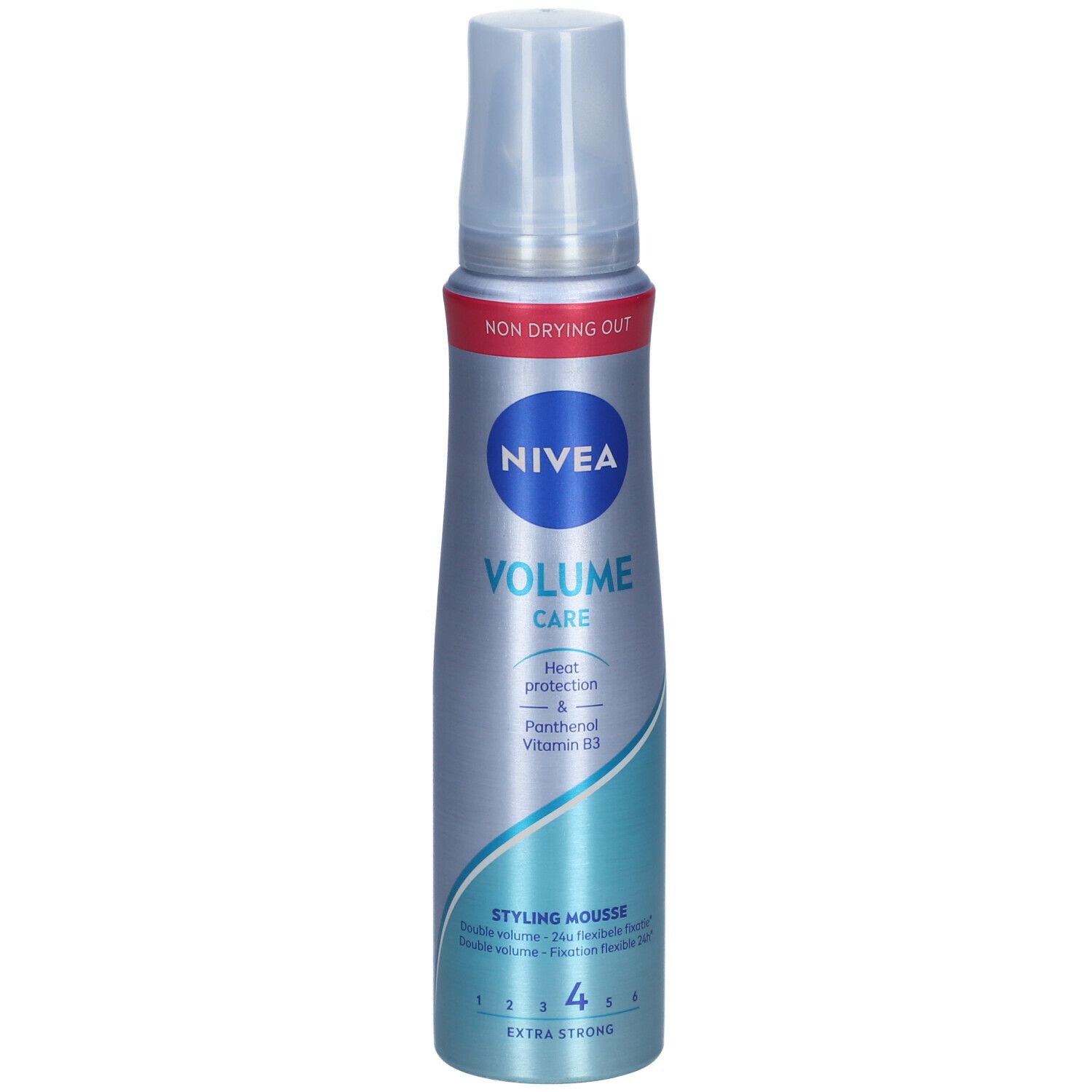 NIVEA VOLUME Care stylingmousse fles. Blauw-zilveren fles met sproeikop. Tekst: Heat protection & Panthenol Vitamin B3. Extra Strong.