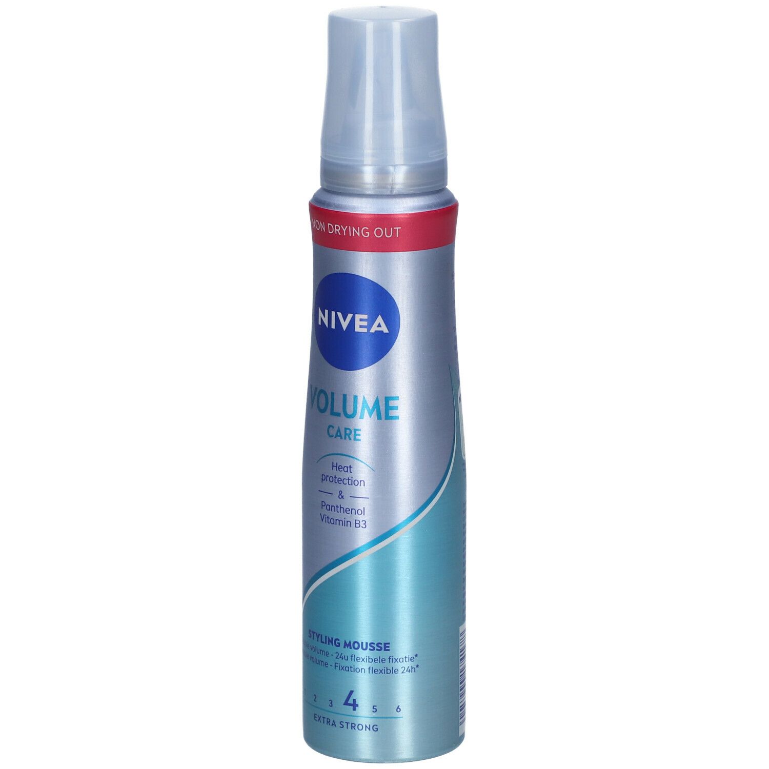 NIVEA VOLUME Care stylingmousse fles. Blauw-zilveren fles met sproeikop. Tekst: Heat protection & Panthenol Vitamin B3. Extra Strong.