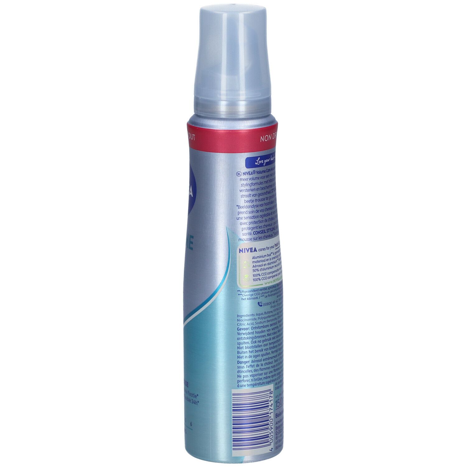 NIVEA VOLUME Care stylingmousse fles. Achterkant met tekst en logo's. Bevat informatie over ingrediënten en fabrikant.