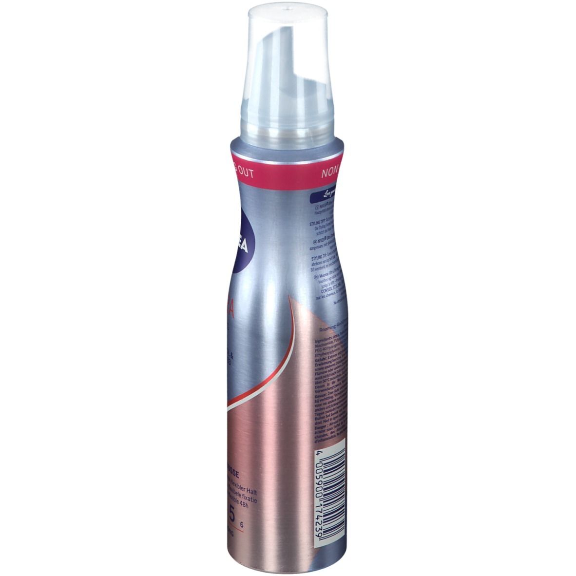 Silberne Flasche NIVEA ULTRA STRONG. Rote und silberne Details. Transparenter Sprühkopf. Text auf der Seite.