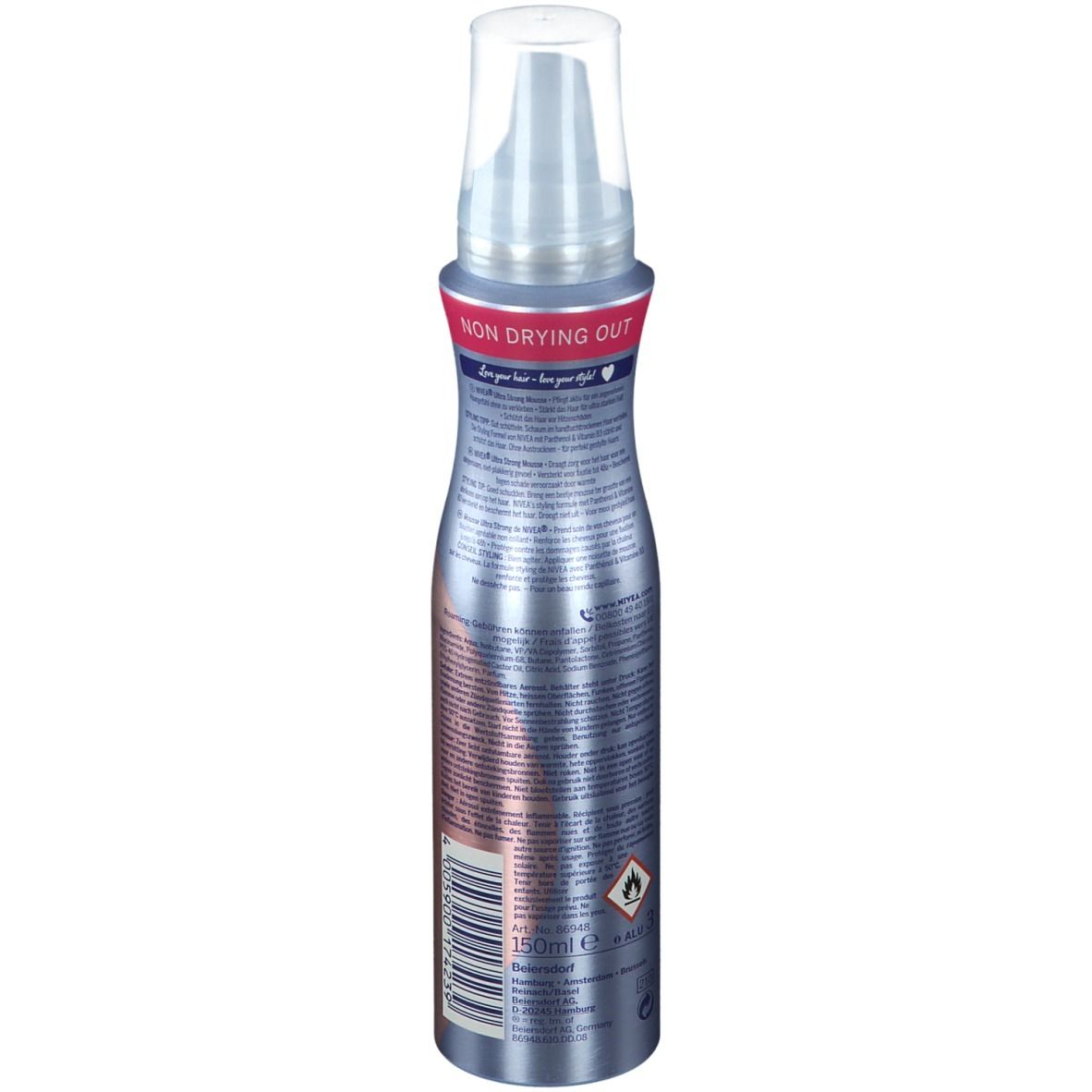 Silberne Flasche NIVEA ULTRA STRONG. Rote und silberne Details. Transparenter Sprühkopf. Text auf der Seite.