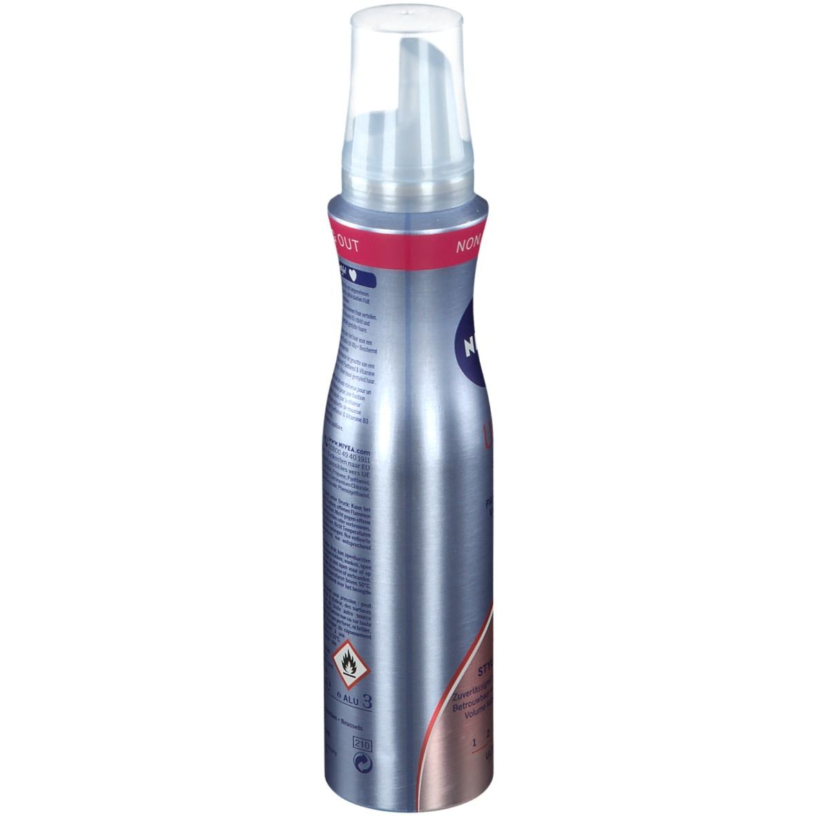 Silberne Flasche NIVEA ULTRA STRONG. Rote und silberne Details. Transparenter Sprühkopf. Text auf der Seite.