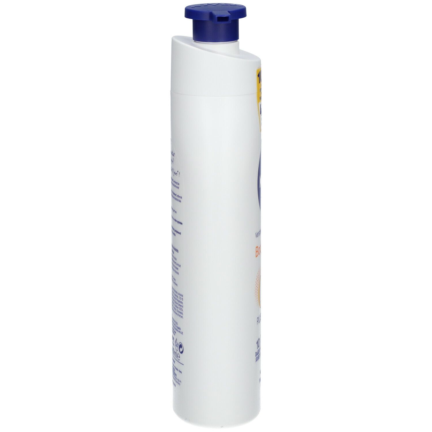 Flacon blanc avec pompe bleue. Inscription NIVEA, Body Lotion, Q10 + Vitamine C. Vue latérale.
