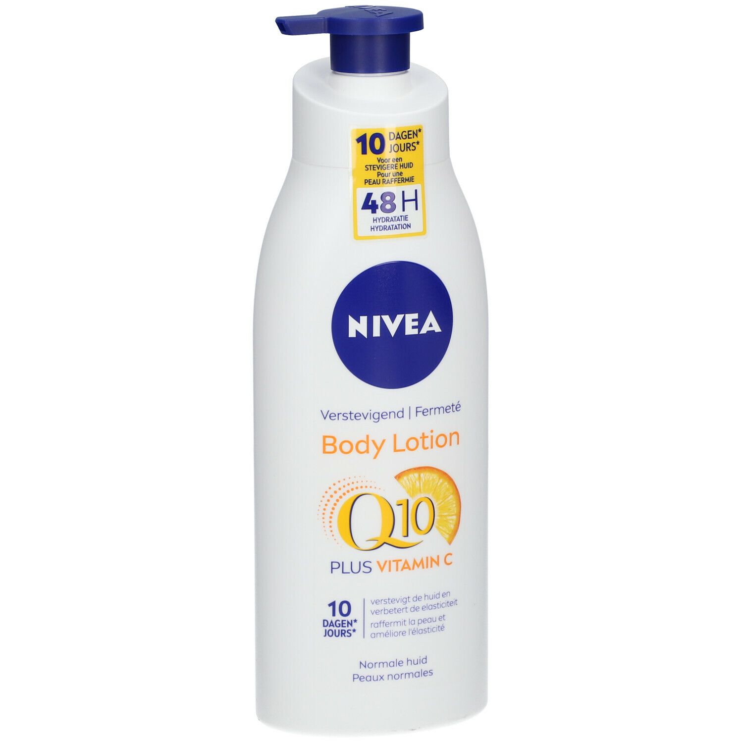 Flacon blanc avec pompe bleue. Inscription NIVEA, Body Lotion, Q10 + Vitamine C. Hydratation 48H. Pour peaux normales.