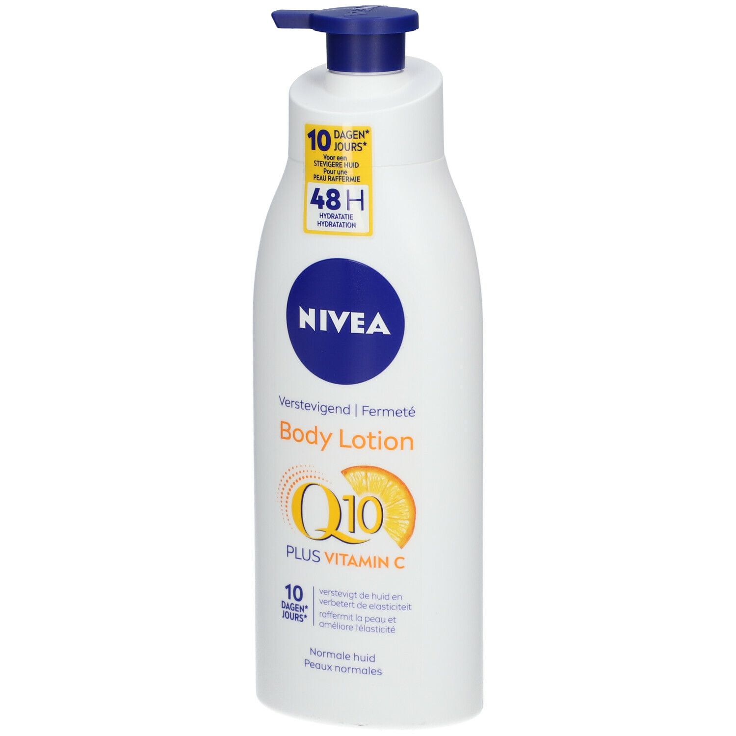 Flacon blanc avec pompe bleue. Inscription NIVEA, Body Lotion, Q10 + Vitamine C. Hydratation 48H. Pour peaux normales.