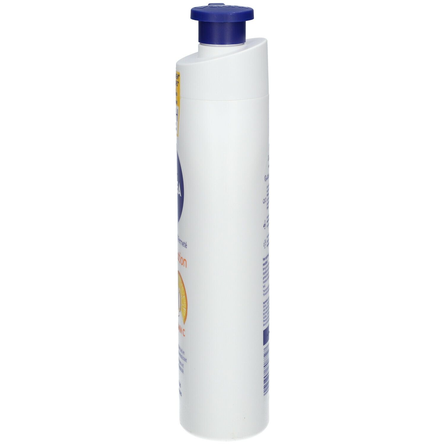 Flacon blanc avec pompe bleue. Inscription NIVEA, Body Lotion, Q10 + Vitamine C. Vue latérale.
