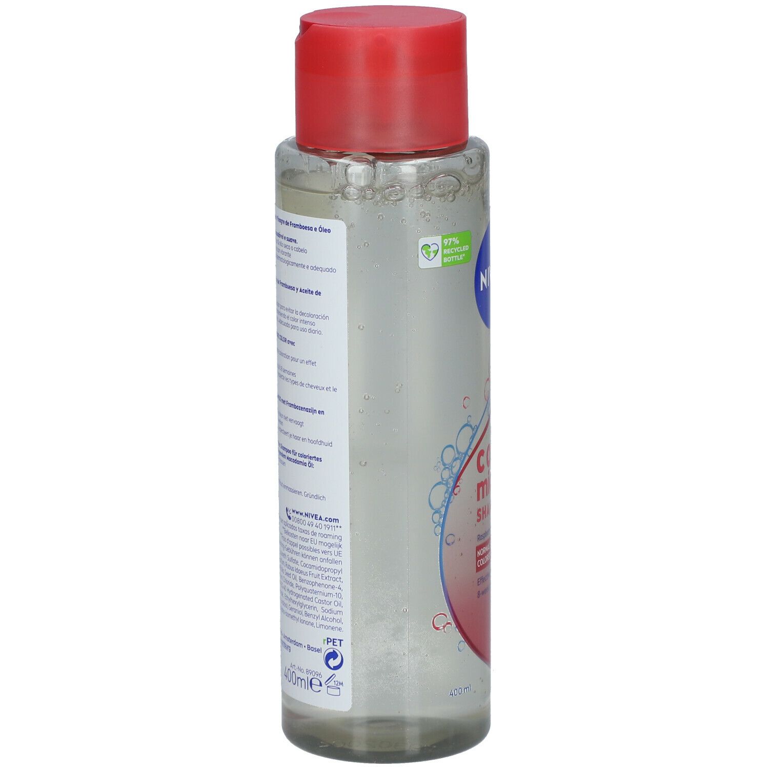 Transparante fles met rode dop. Opschriften en tekst op de achterkant. Met recyclinglogo.