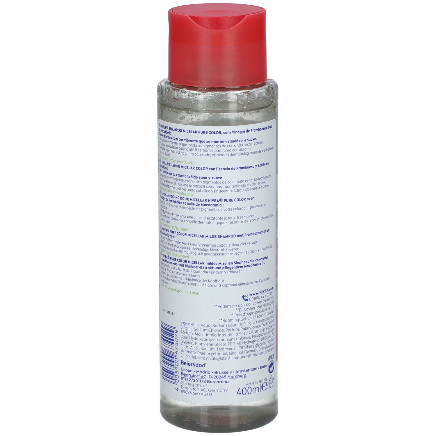 Achterkant van de transparante fles met rode dop. Tekst in verschillende talen. Met recyclinglogo.