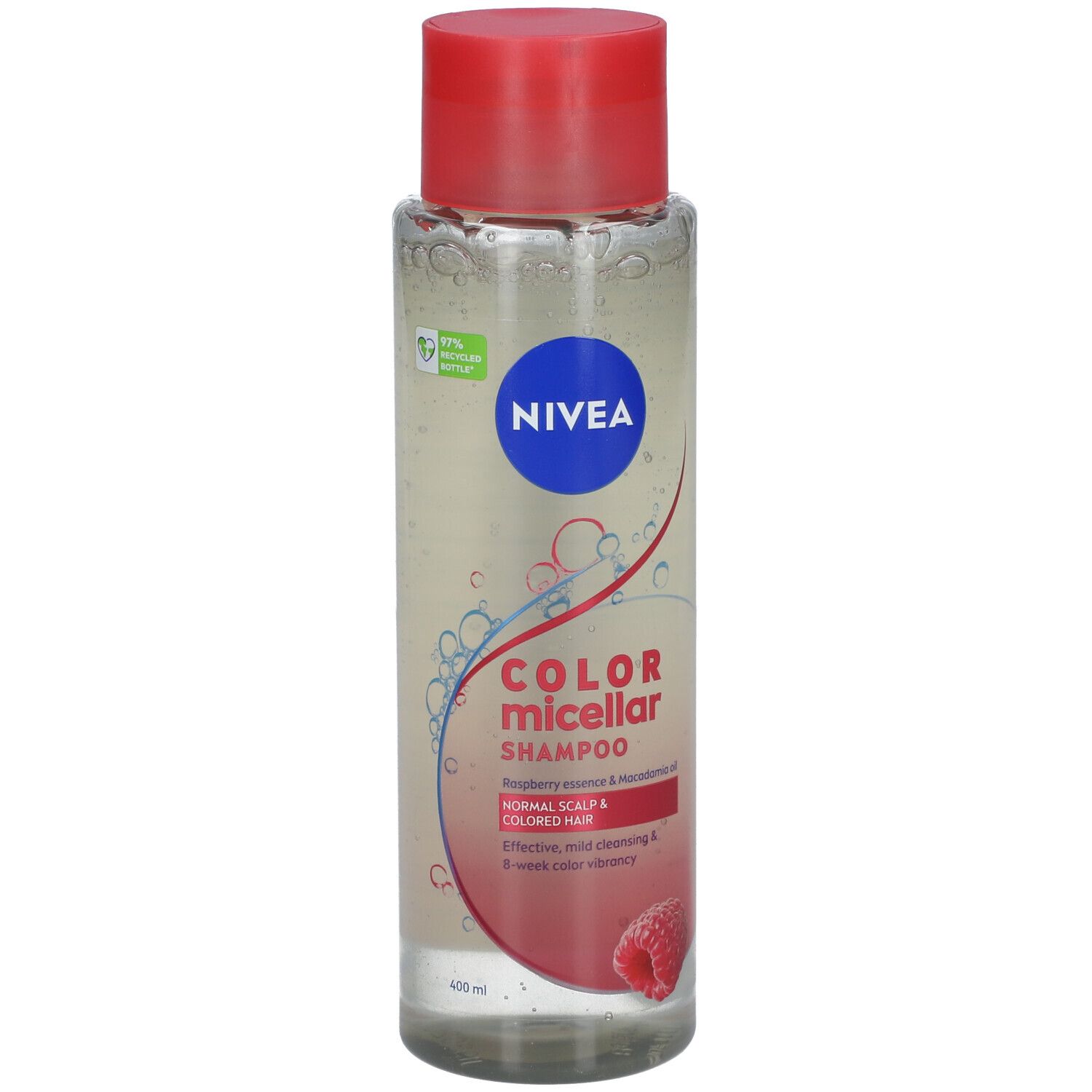 Transparante fles met rode dop. Opschrift: NIVEA, COLOR micellar shampoo. Voor normaal & gekleurd haar. Met frambozen-essence.