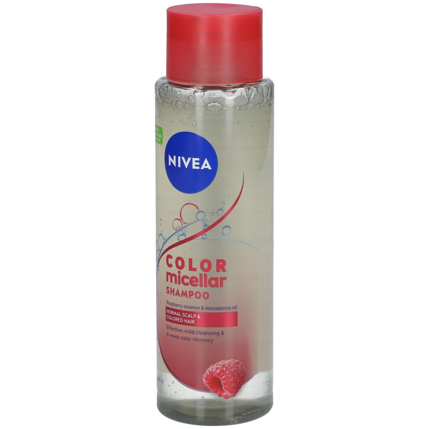 Transparante fles met rode dop. Opschrift: NIVEA, COLOR micellar shampoo. Voor normaal & gekleurd haar. Met frambozen-essence.