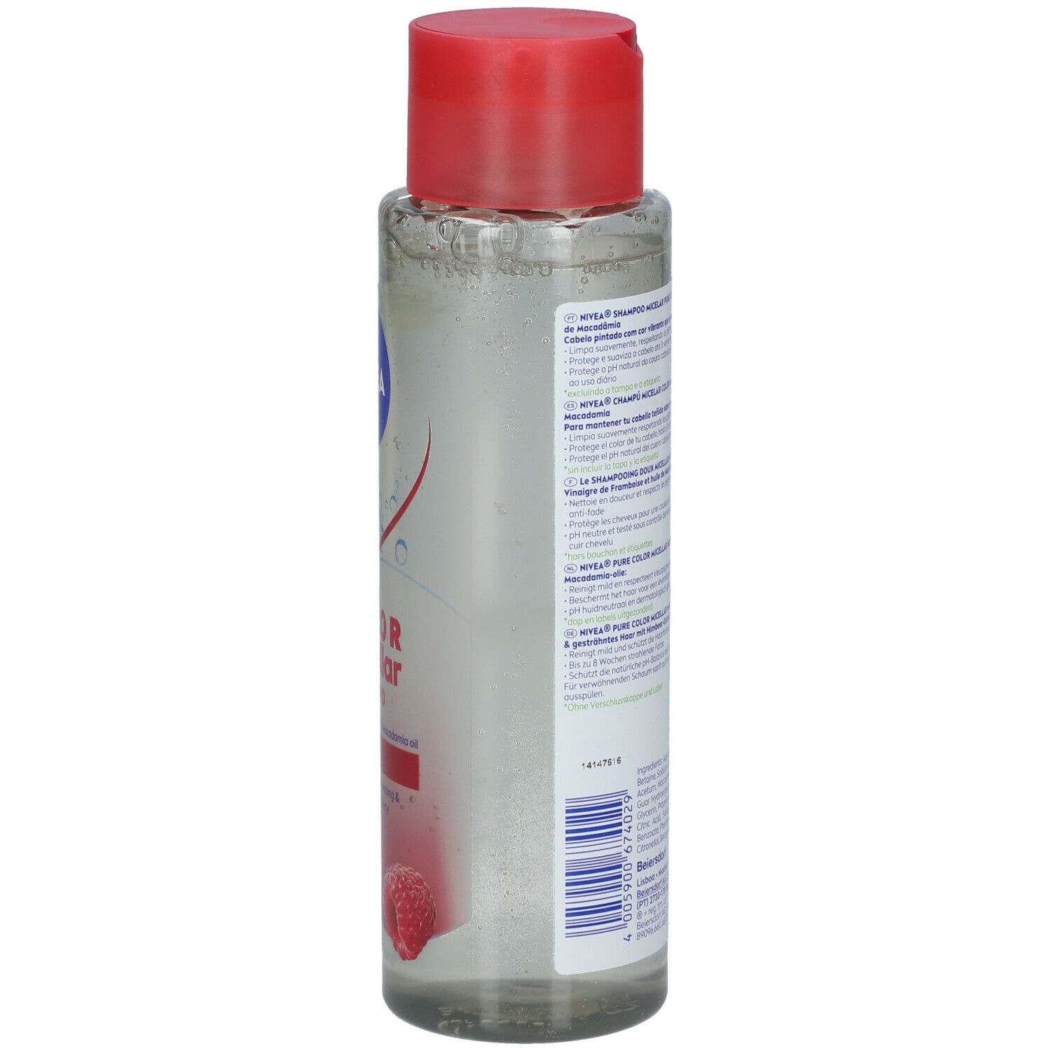 Achterkant van de transparante fles met rode dop. Tekst in verschillende talen. Met recyclinglogo.