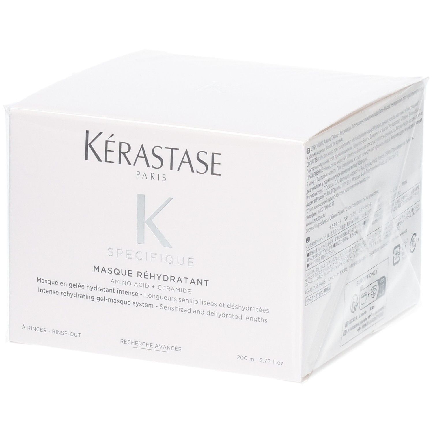 Kérastase Masque Réhydratant Haarkur-Verpackung. Weißer Karton mit Produktinformationen und Logo.