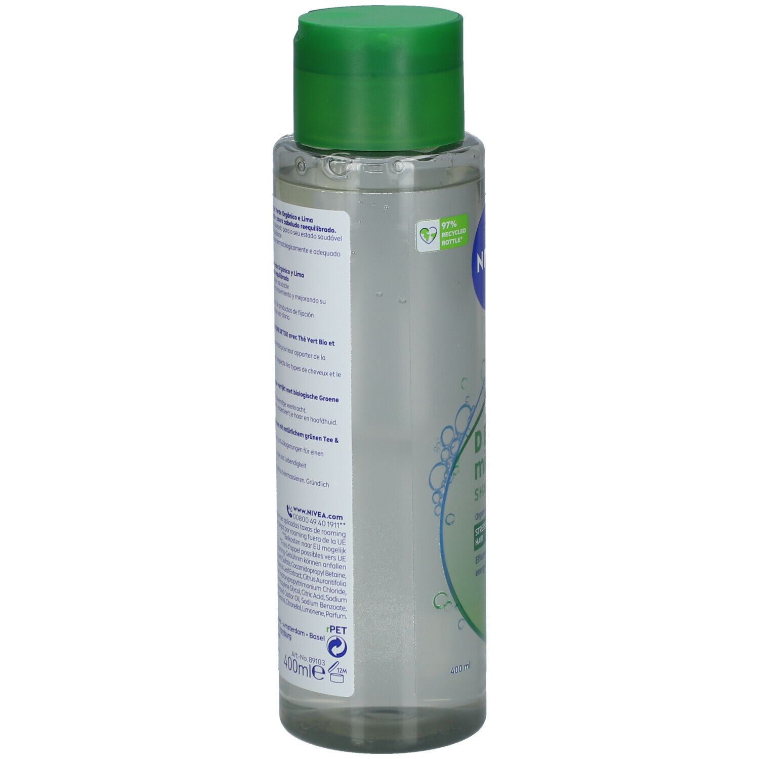 NIVEA Detox Micellar Shampoo, transparente Flasche mit grünem Deckel. Rückseite mit Produktinformationen und Inhaltsstoffen.
