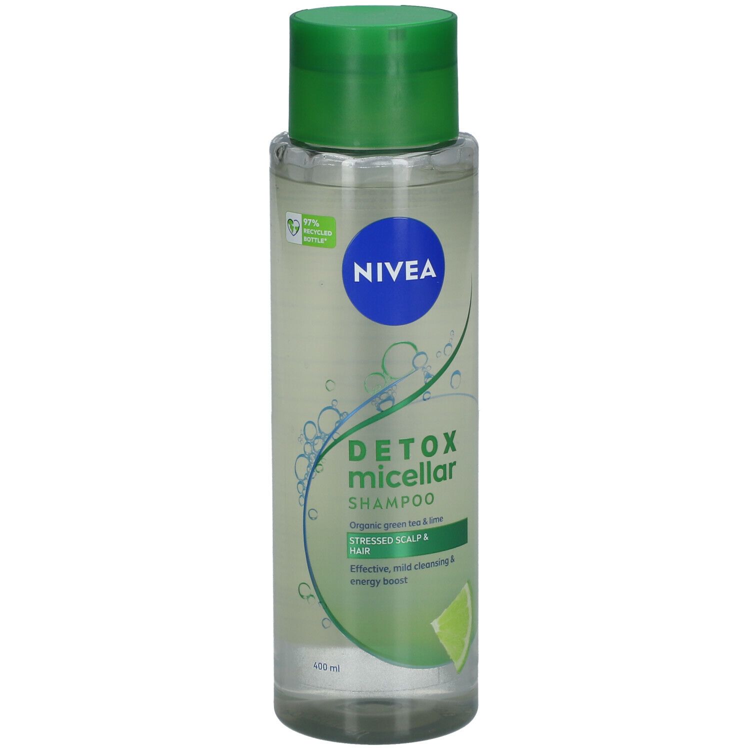 NIVEA Detox Micellar Shampoo, transparente Flasche mit grünem Deckel. Produktetikett mit Logo und Produktbezeichnung.