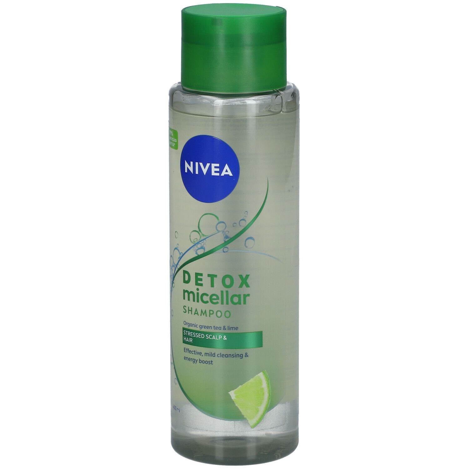NIVEA Detox Micellar Shampoo, transparente Flasche mit grünem Deckel. Produktetikett mit Logo und Produktbezeichnung.
