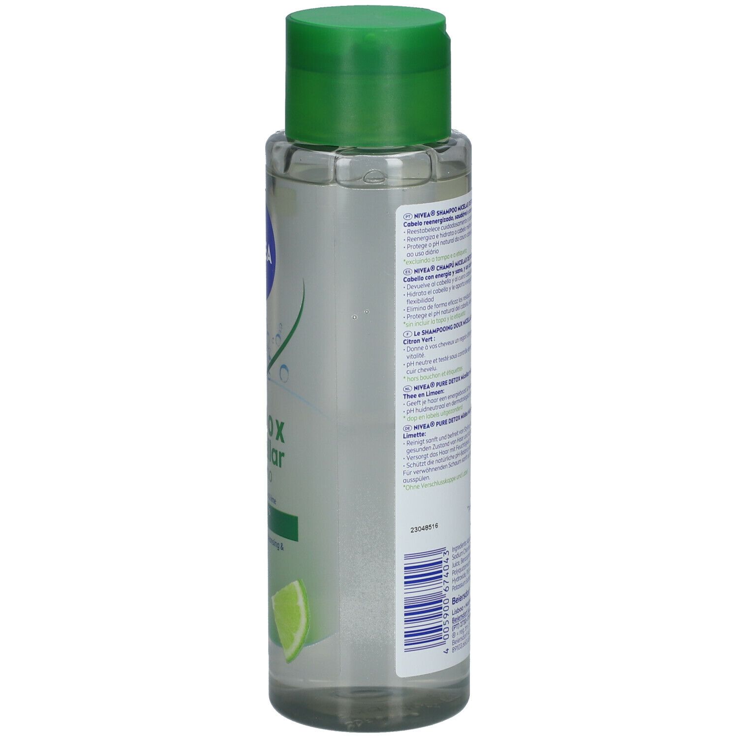 NIVEA Detox Micellar Shampoo, transparente Flasche mit grünem Deckel. Rückseite mit Produktinformationen und Inhaltsstoffen.