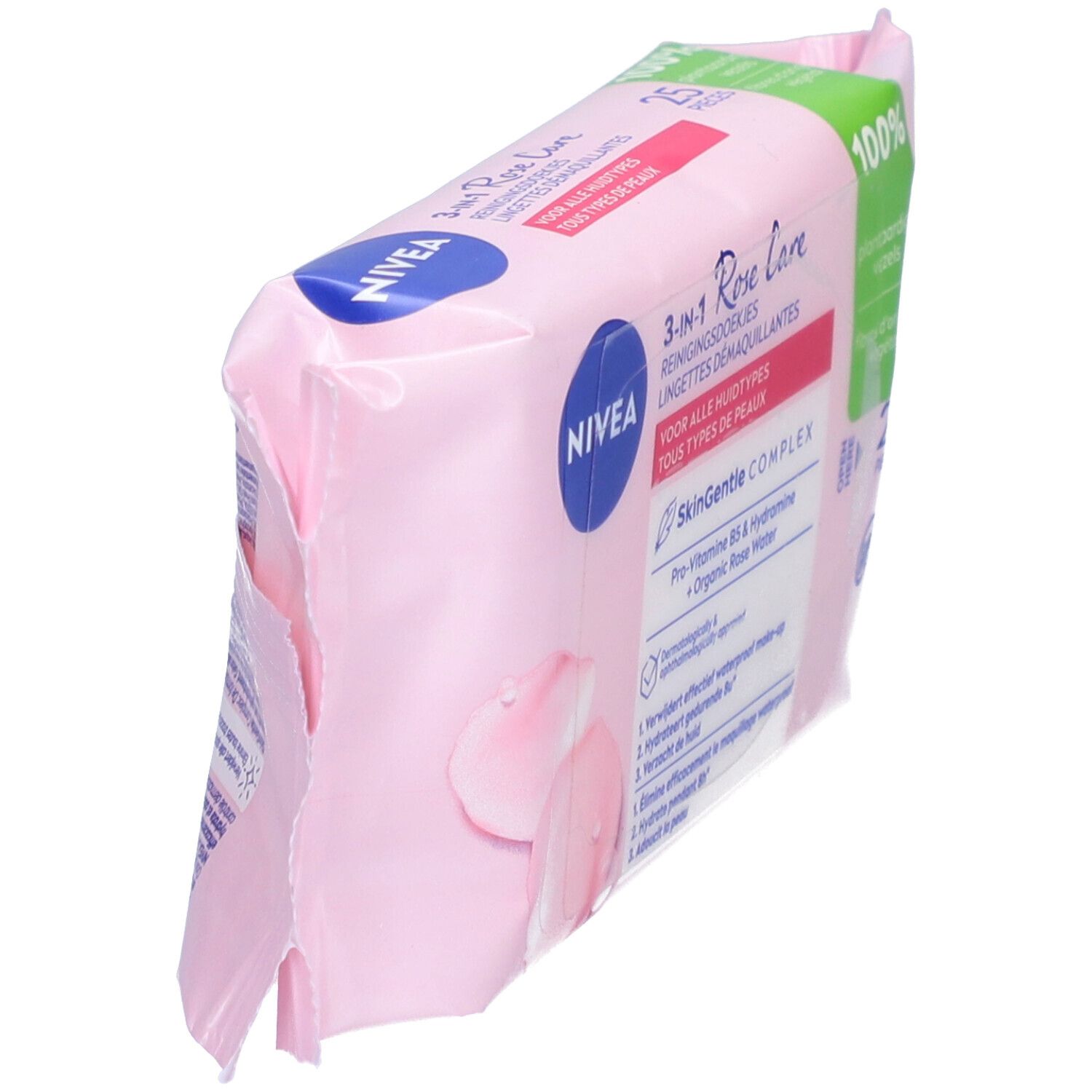 Schuine weergave van de roze reinigingsdoekjes verpakking. Opschrift: NIVEA Rose Care, 3-in-1, voor alle huidtypes.