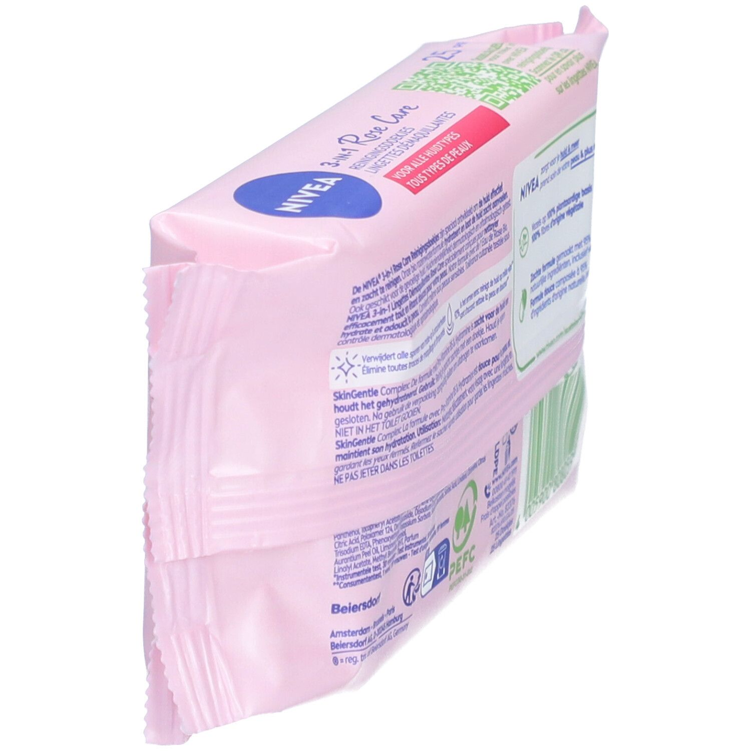 Schuine weergave van de achterkant van de roze reinigingsdoekjes verpakking. Opschrift: NIVEA Rose Care, 3-in-1.