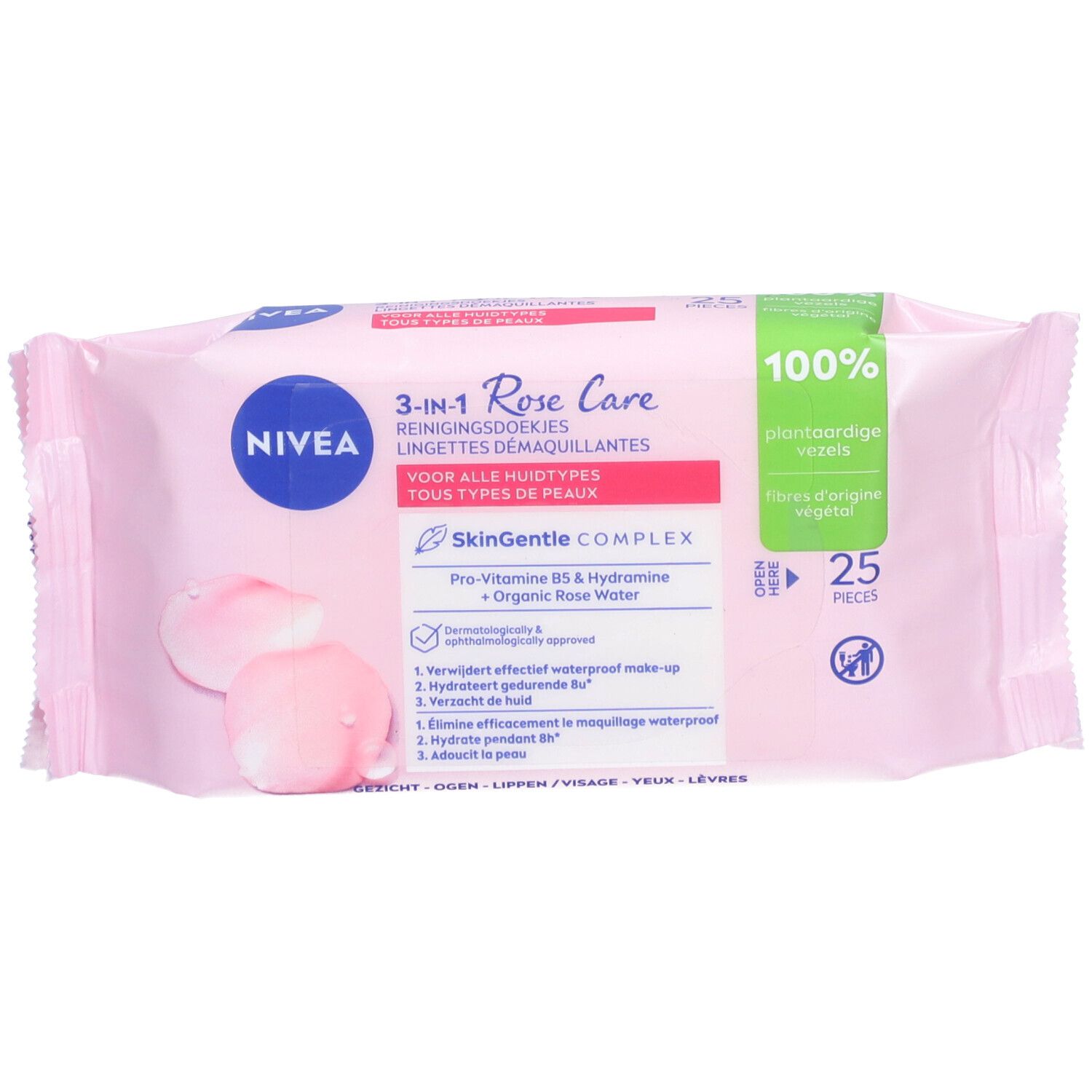 Roze reinigingsdoekjes verpakking. Bevat 25 doekjes. Opschrift: NIVEA Rose Care, 3-in-1, voor alle huidtypes.