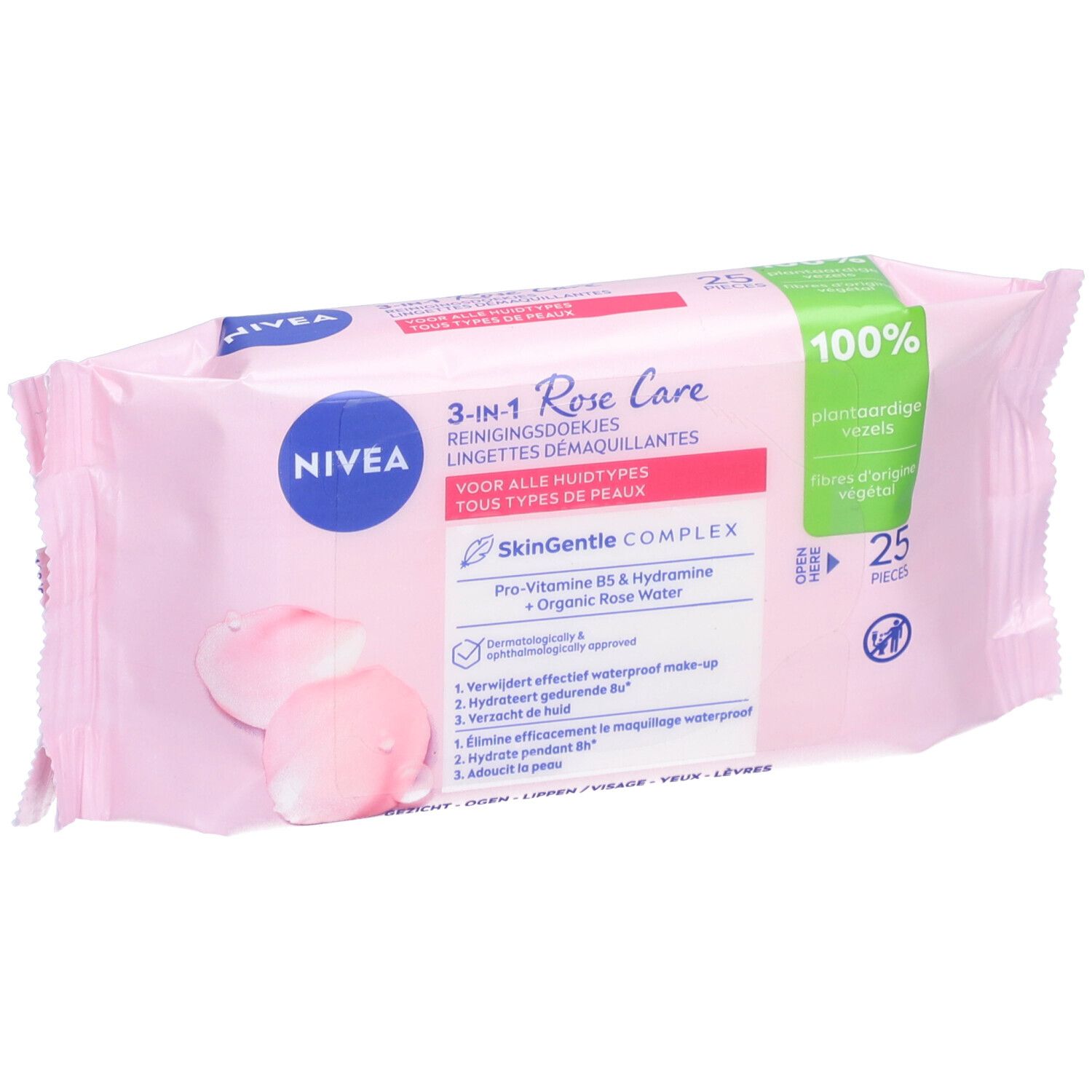 Roze reinigingsdoekjes verpakking. Bevat 25 doekjes. Opschrift: NIVEA Rose Care, 3-in-1, voor alle huidtypes.