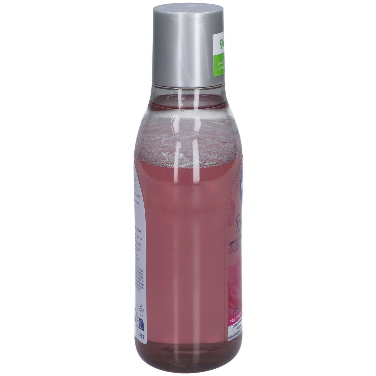 NIVEA Rose Care Mizellenwasser. Flasche mit rosa Flüssigkeit. Silberner Deckel. Seitenansicht.