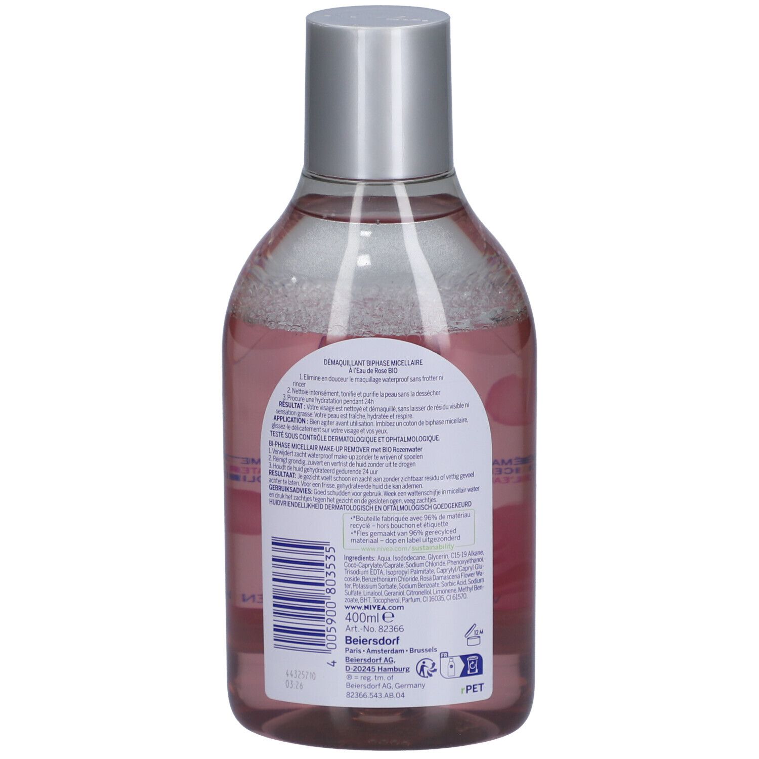 NIVEA Rose Care Mizellenwasser. Rückseite der Flasche mit Text. Rosa Flüssigkeit. Silberner Deckel.