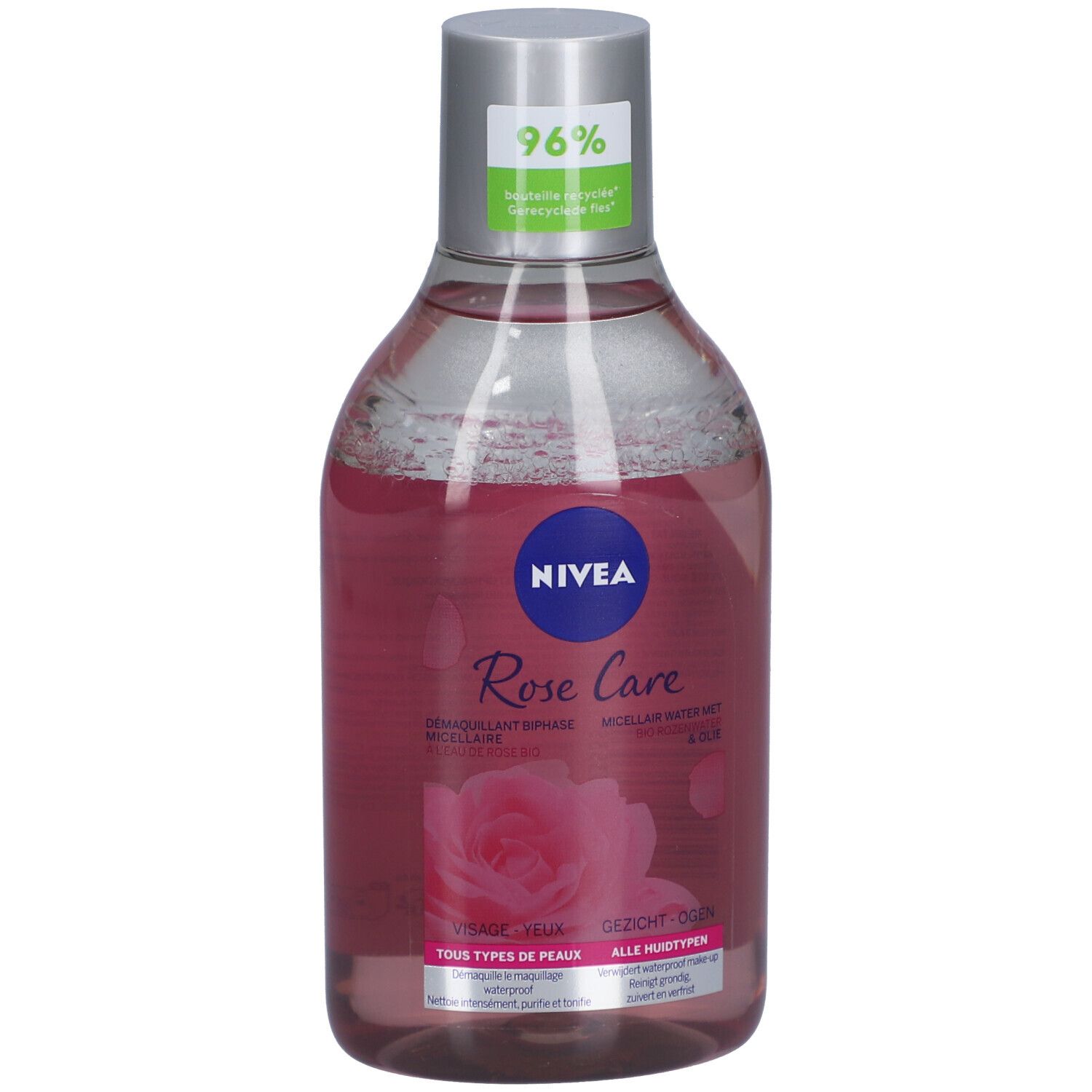 NIVEA Rose Care Mizellenwasser. Rosa Flüssigkeit in Flasche. Silberner Deckel. Logo und Aufdrucke.