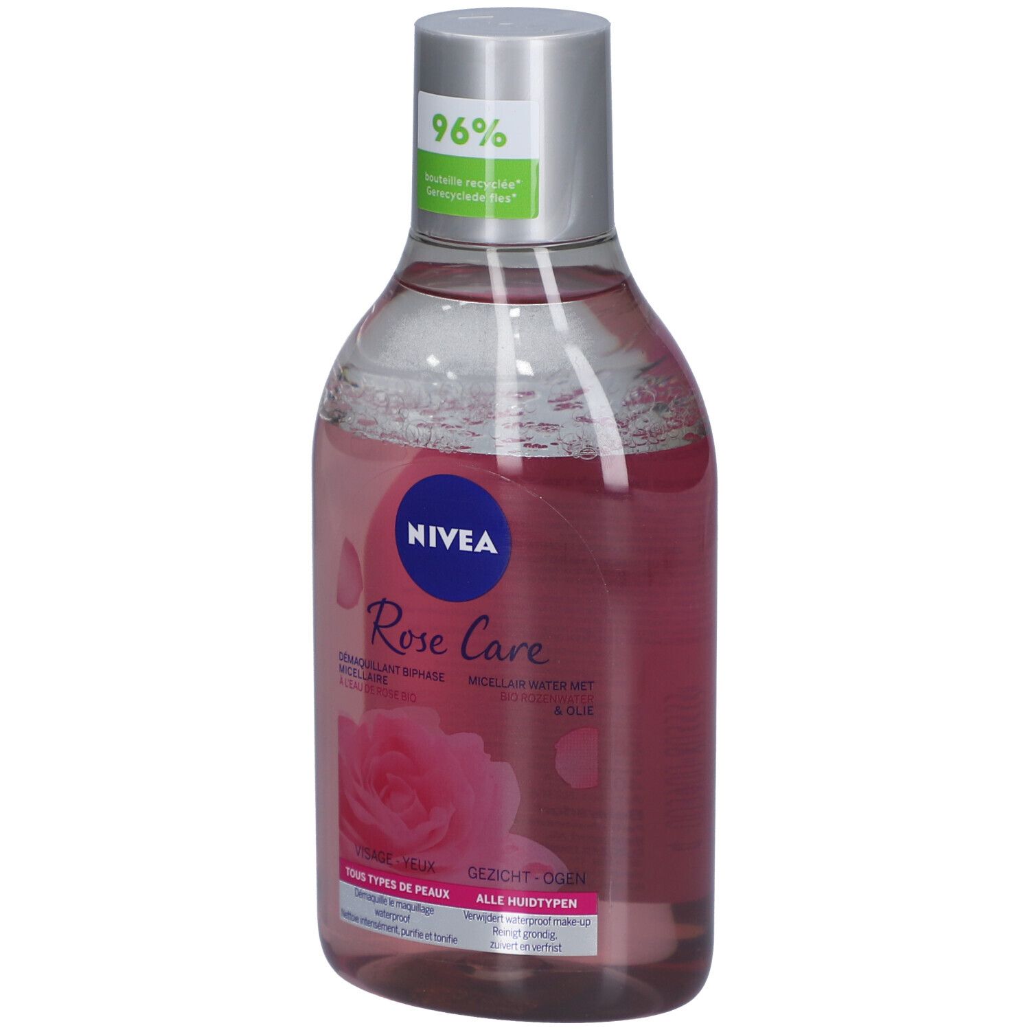 NIVEA Rose Care Mizellenwasser. Rosa Flüssigkeit in Flasche. Silberner Deckel. Logo und Aufdrucke.