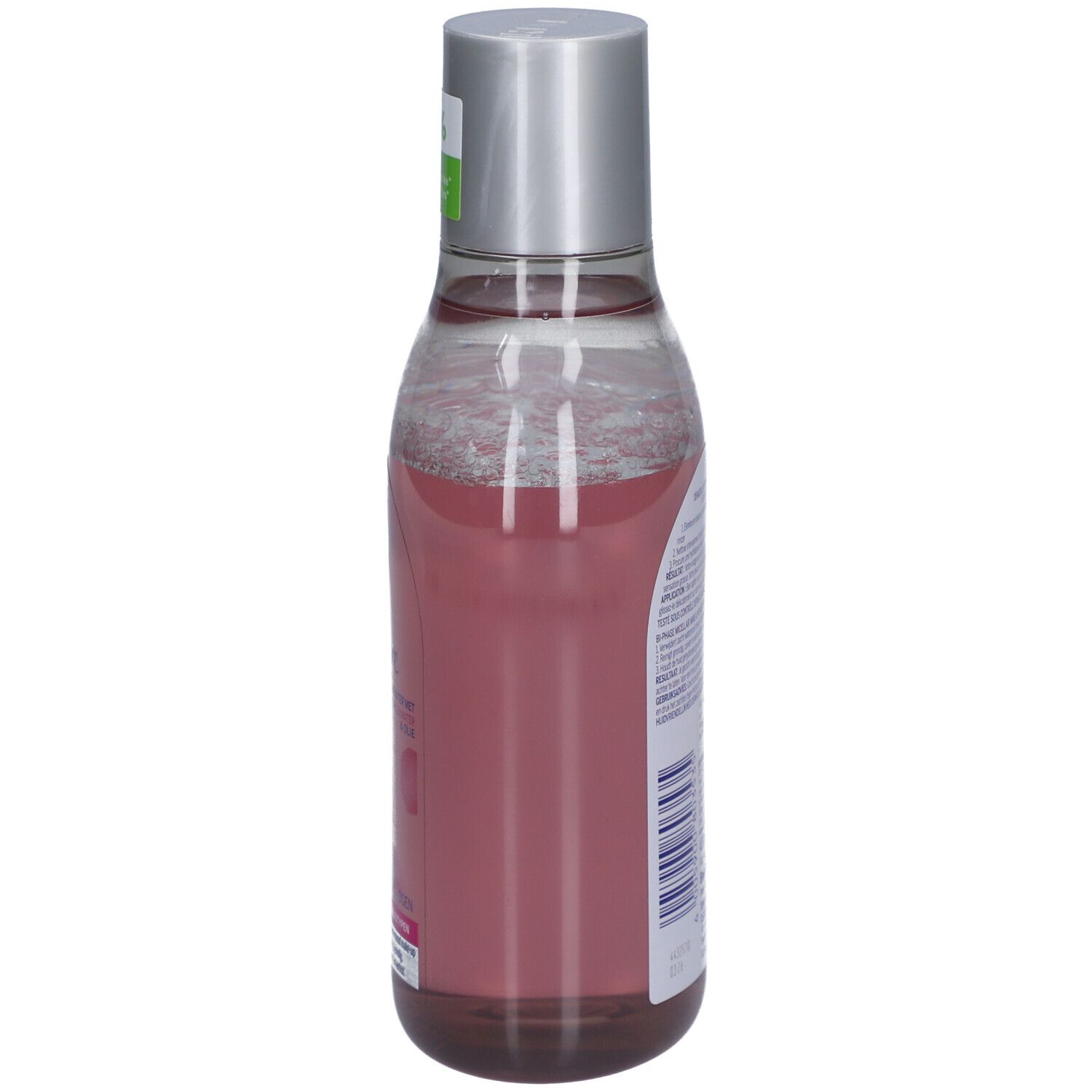 NIVEA Rose Care Mizellenwasser. Flasche mit rosa Flüssigkeit. Silberner Deckel. Seitenansicht.