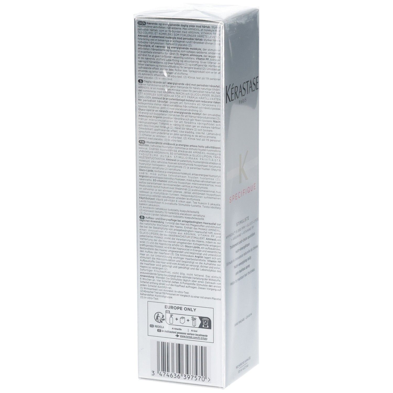 Kérastase Spécifique Stimuliste Flakon. Seitenansicht mit detaillierten Anwendungshinweisen und Inhaltsstoffen.