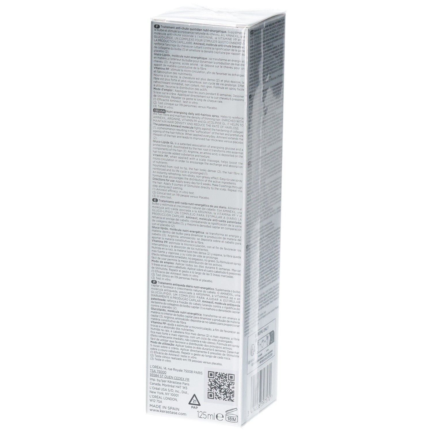 Kérastase Spécifique Stimuliste Flakon. Seitenansicht mit Barcode, Volumenangabe und Siegeln.