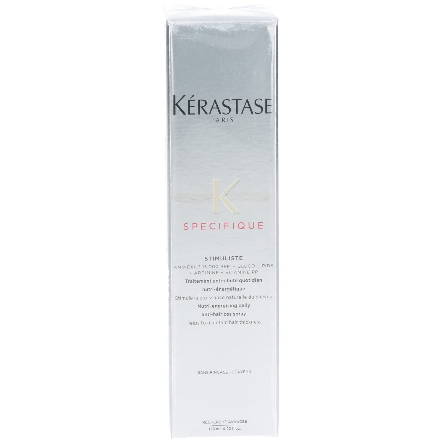 Kérastase Spécifique Stimuliste Flakon. Frontansicht mit Produktinformationen, Logo und Text.