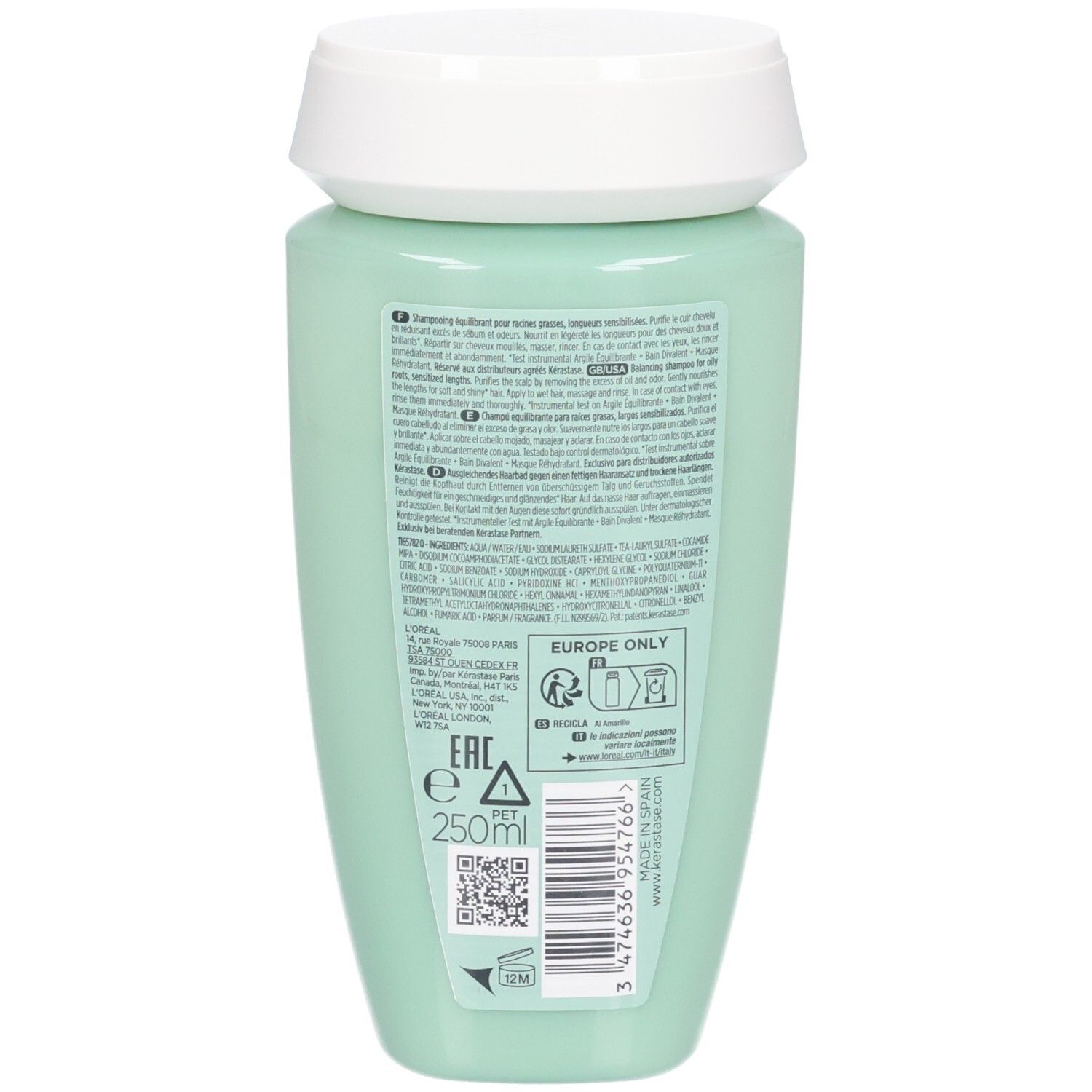 Kérastase Bain Divalent Shampoo, Rückseite mit Etikett und Barcode, 250ml.