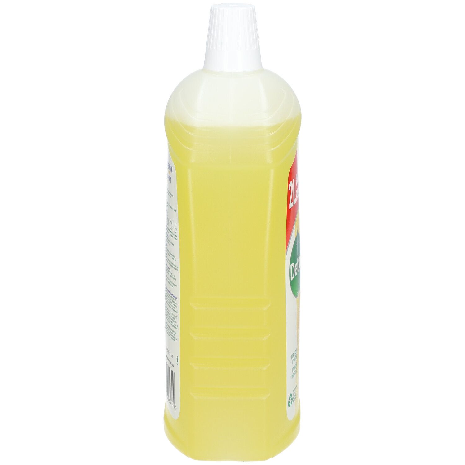 Gele vloeistof in fles met witte dop. Opschrift onleesbaar. Zijaanzicht.
