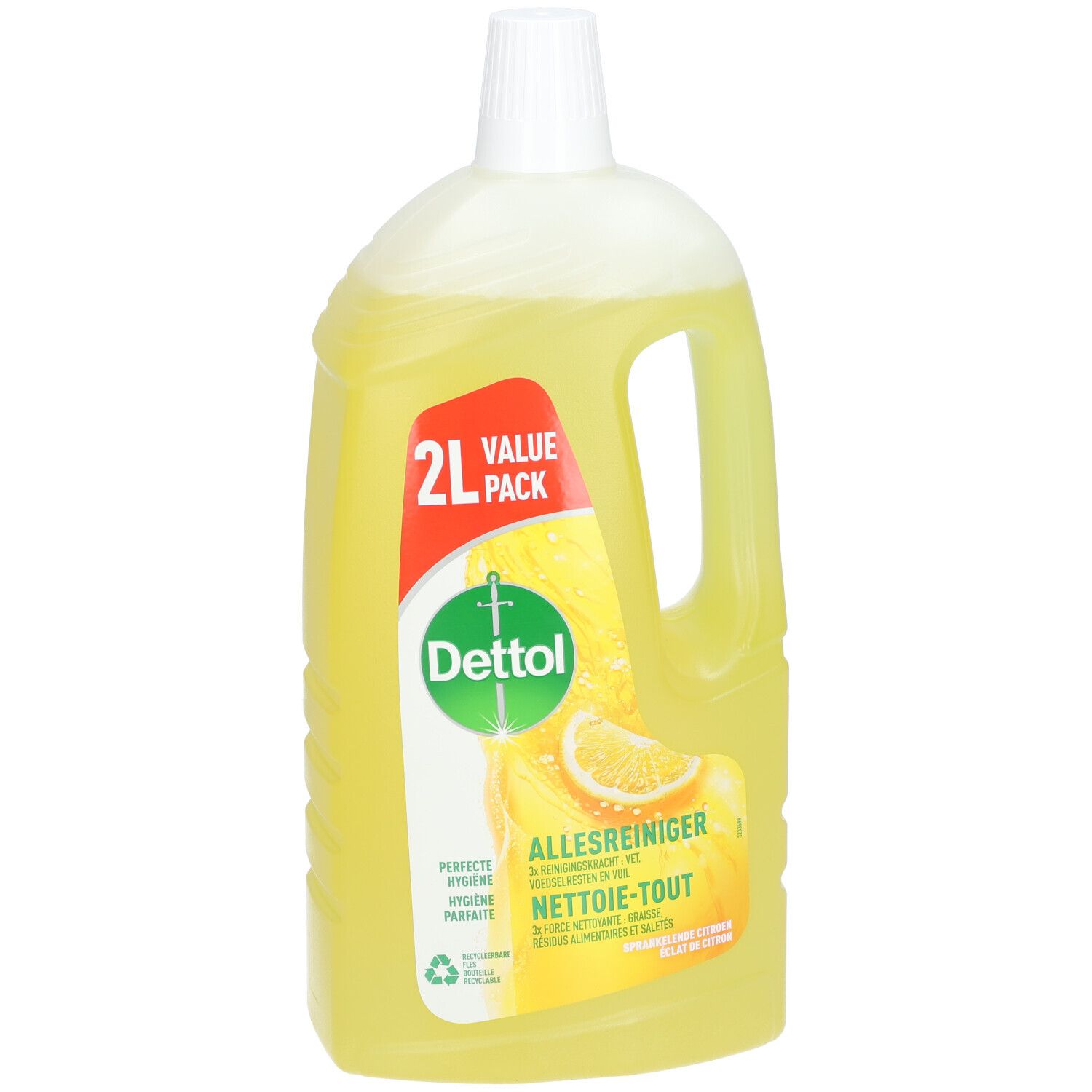 Gele vloeistof in fles met handvat. Opschrift: Dettol, 2L Value Pack, Allesreiniger. Citroen illustratie.