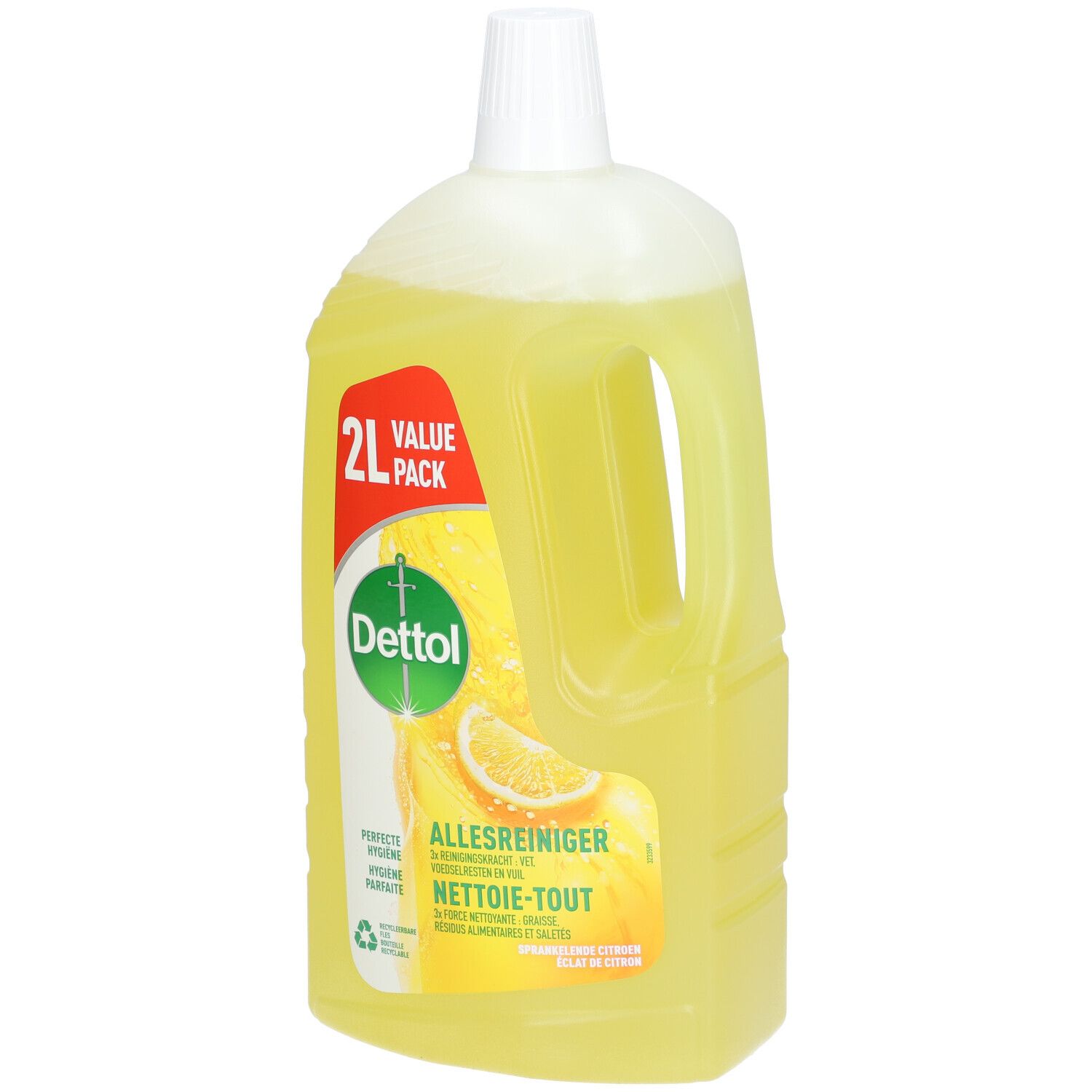 Gele vloeistof in fles met handvat. Opschrift: Dettol, 2L Value Pack, Allesreiniger. Citroen illustratie.