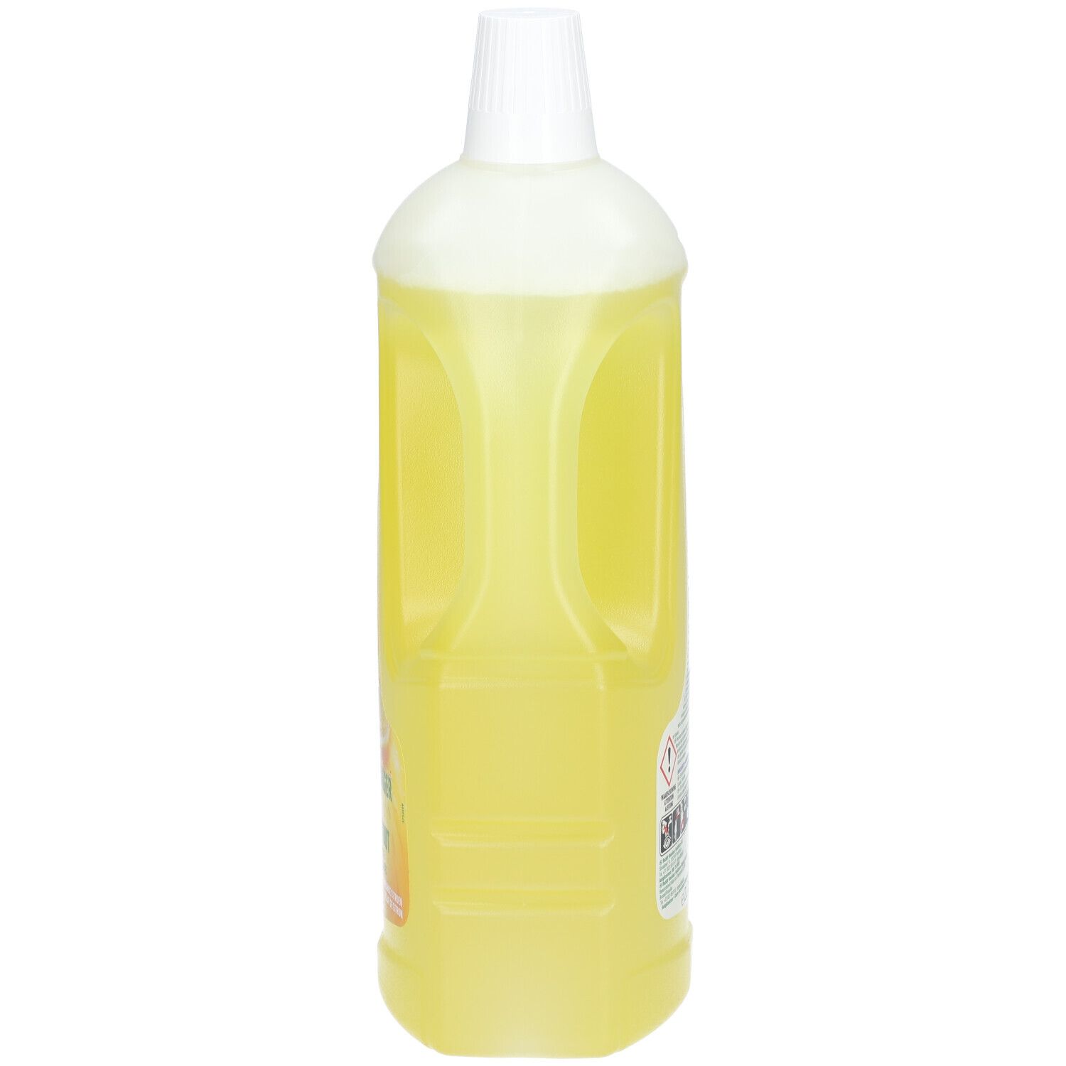 Gele vloeistof in fles met witte dop. Opschrift onleesbaar. Zijaanzicht.