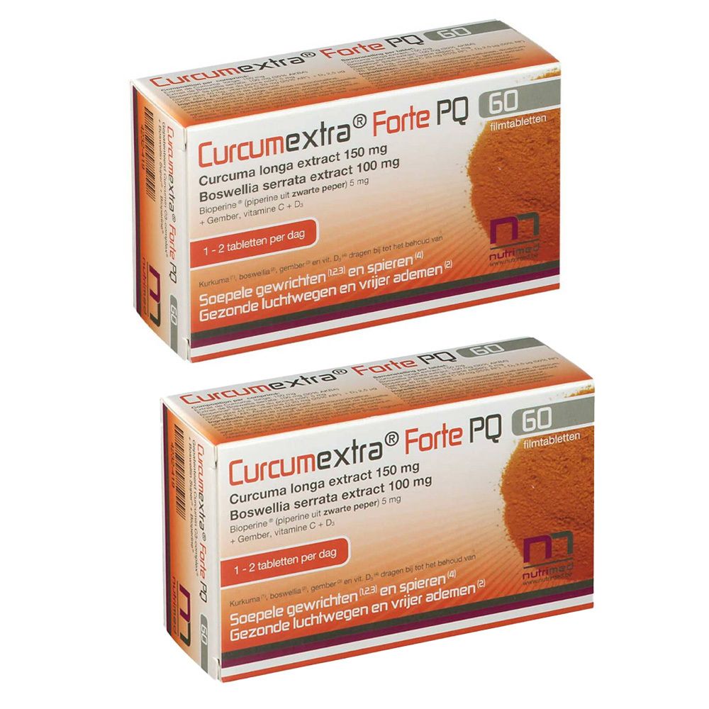Twee dozen Curcumextra Forte PQ, 60 tabletten. Opschriften: Curcuma longa, Boswellia serrata, gember, vitamine C+D.