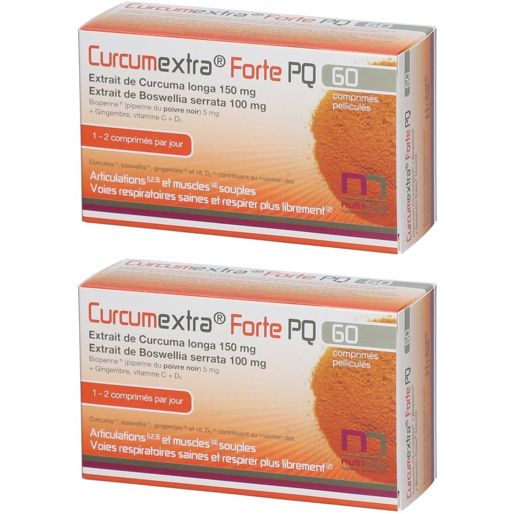Twee dozen Curcumextra Forte PQ, 60 tabletten. Opschriften: Curcuma longa, Boswellia serrata, gember, vitamine C+D.