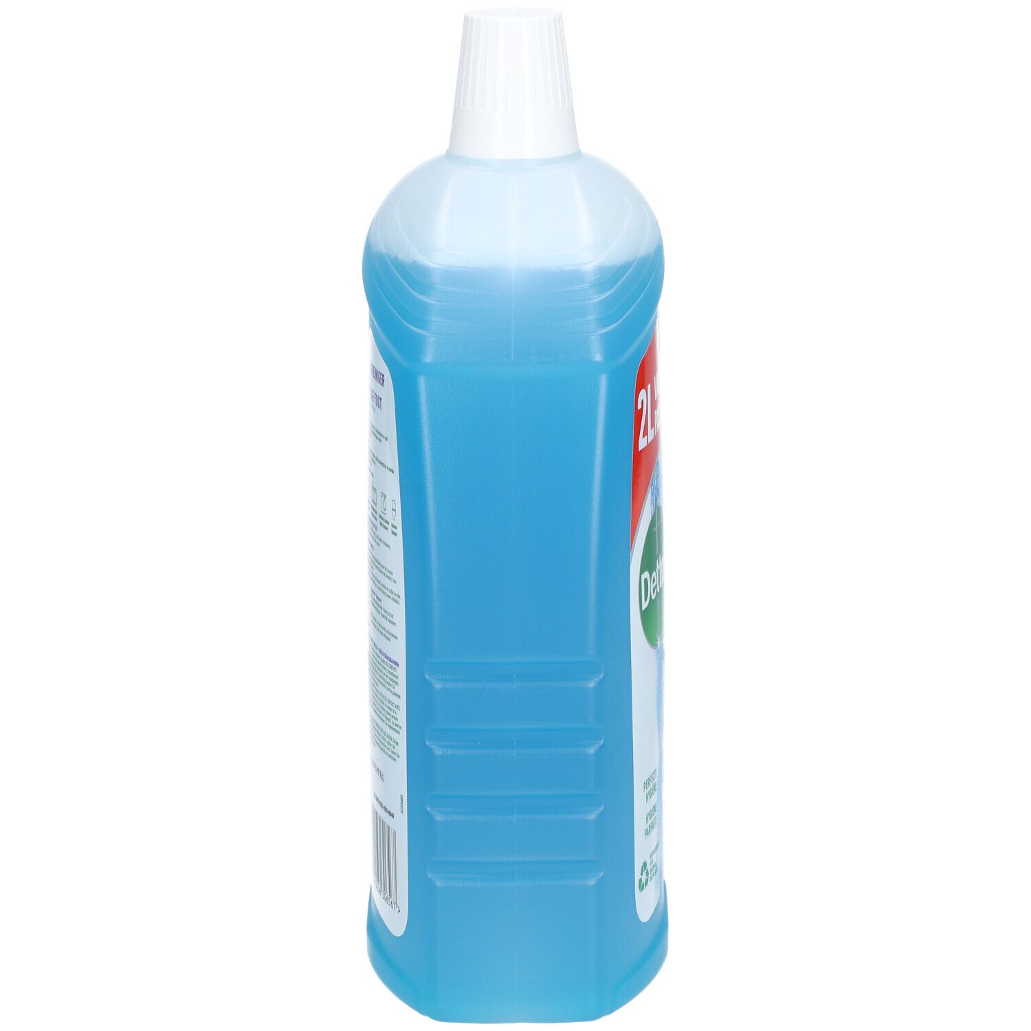 Bouteille de nettoyant bleu, bouchon blanc. Inscriptions et étiquette sur le côté.