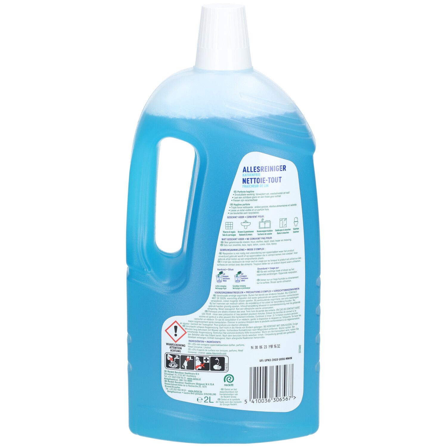 Dos d'une bouteille de nettoyant bleu. Inscriptions, pictogrammes et code-barres. Nettoie-tout.