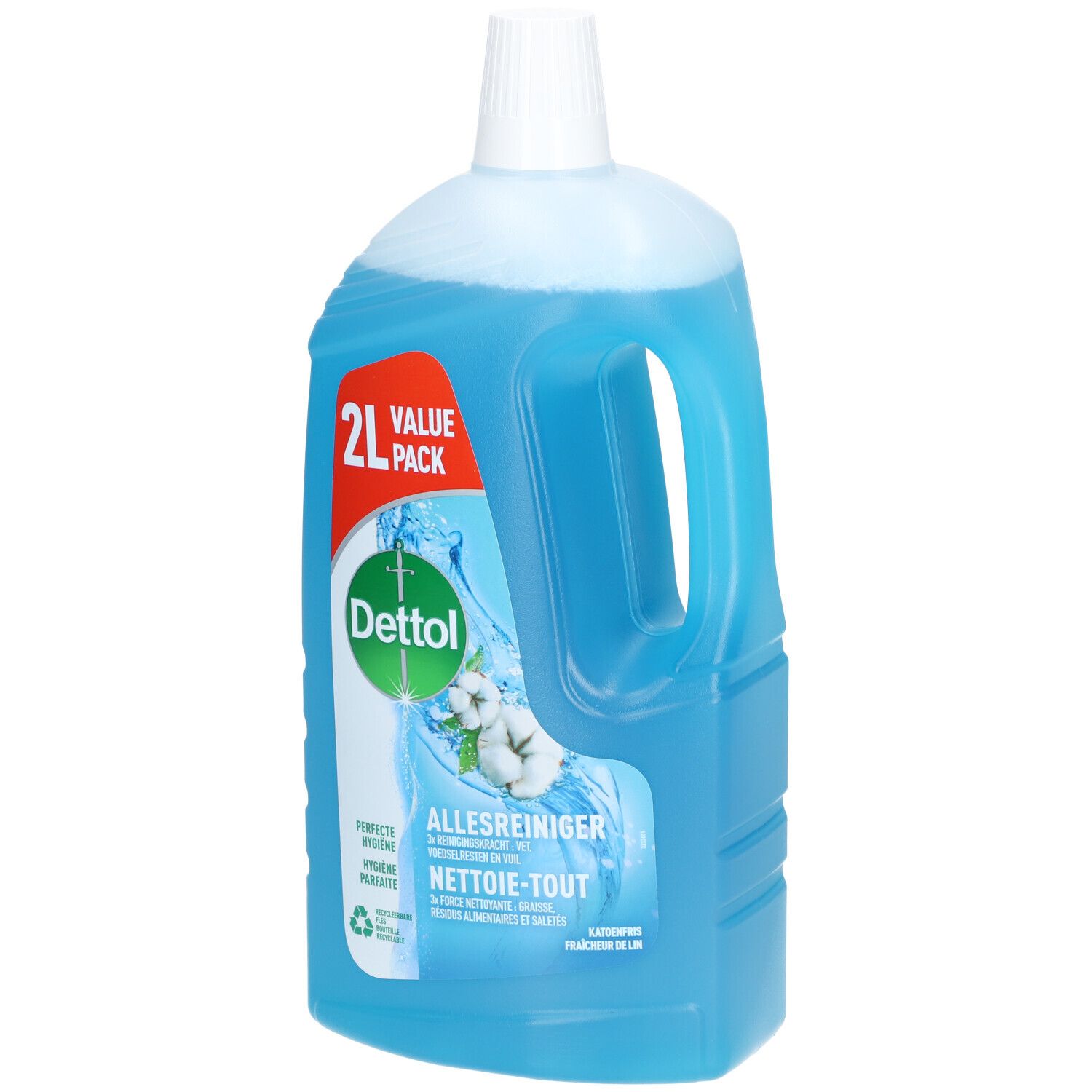 Bouteille de nettoyant bleu. Inscription: Dettol, Nettoie-tout, 2L Value Pack. Illustration de coton.